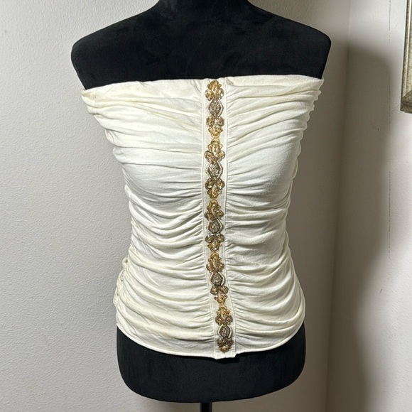 Velvet Tube Ruched embellished ivory top Sz M 100% cotton - Picture 1 of 9